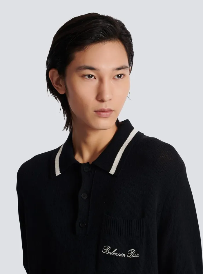 Wool Polo Shirt With Signature Embroidery Black Men Balmain Knitwear