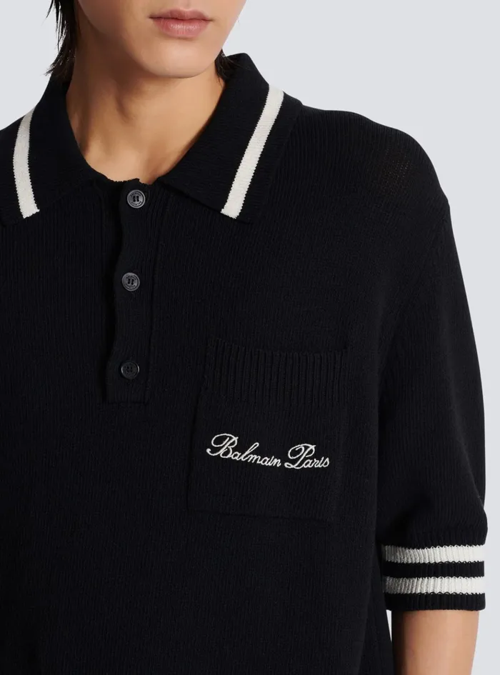 Wool Polo Shirt With Signature Embroidery Black Men Balmain Knitwear