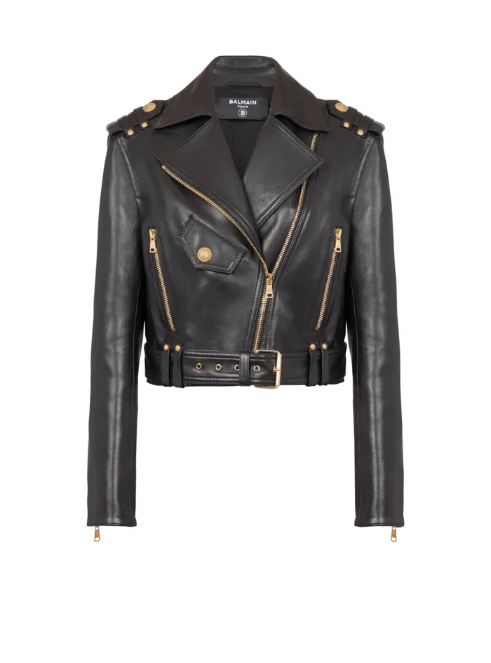 Zipped Leather Biker Jacket Black Women Balmain Outerwear