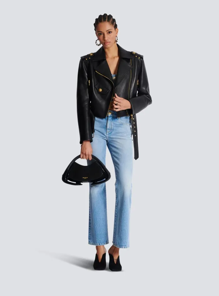 Zipped Leather Biker Jacket Black Women Balmain Outerwear