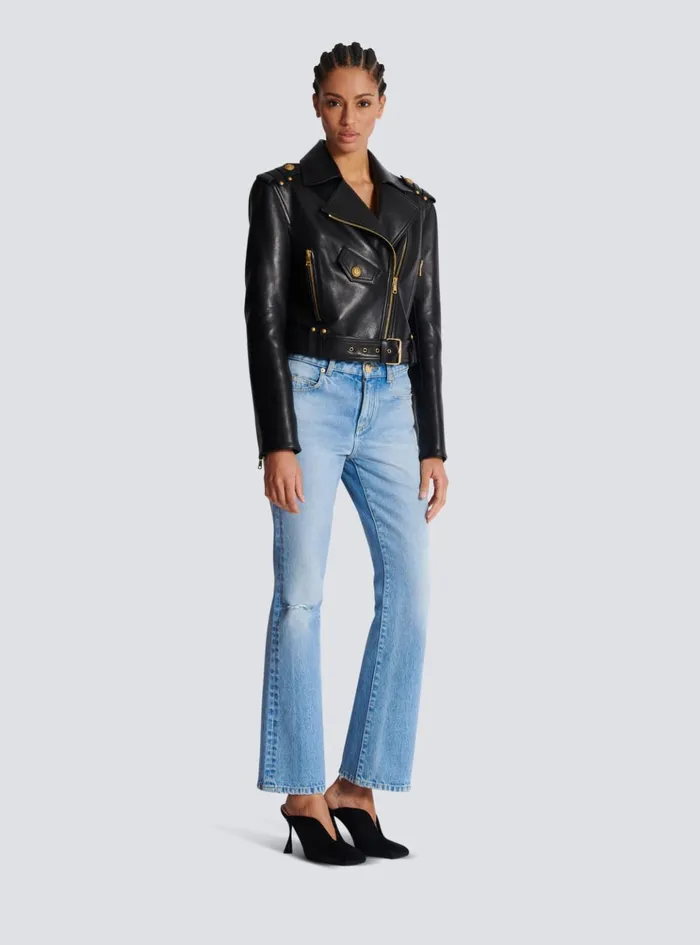 Zipped Leather Biker Jacket Black Women Balmain Outerwear