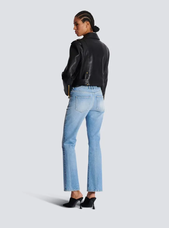 Zipped Leather Biker Jacket Black Women Balmain Outerwear