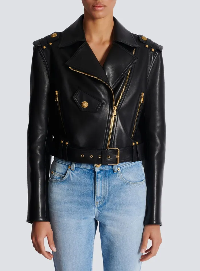 Zipped Leather Biker Jacket Black Women Balmain Outerwear