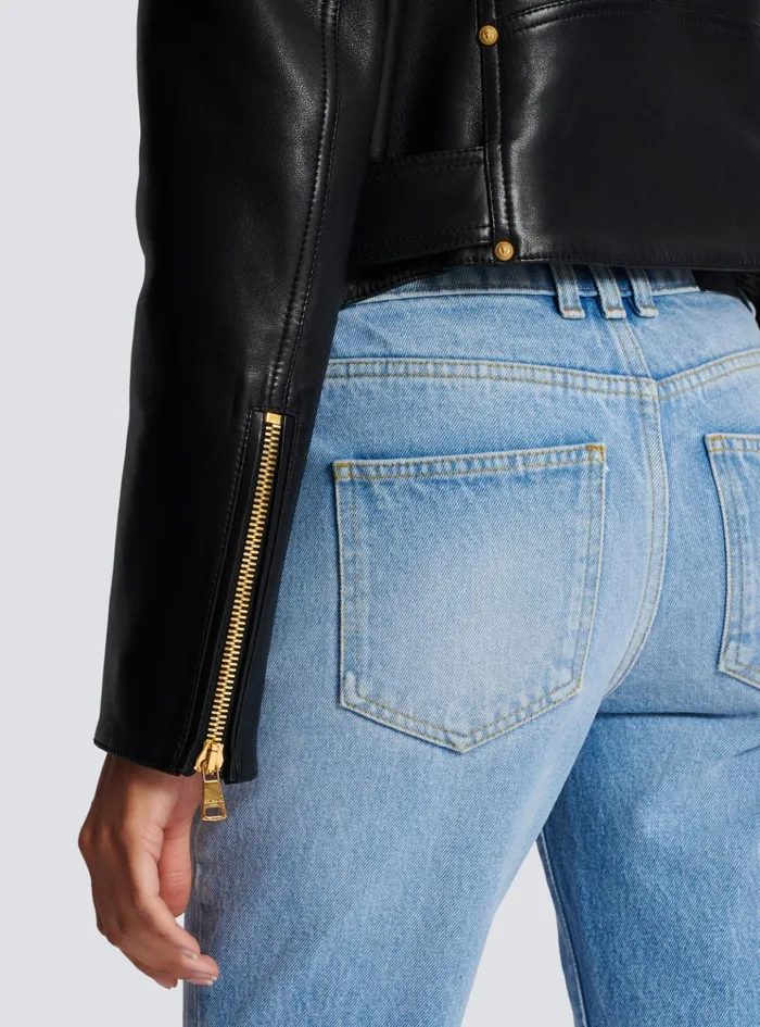 Zipped Leather Biker Jacket Black Women Balmain Outerwear