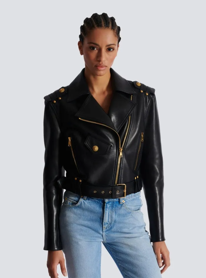 Zipped Leather Biker Jacket Black Women Balmain Outerwear
