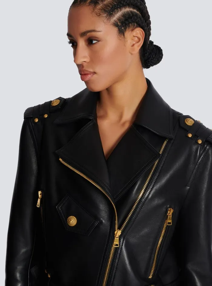 Zipped Leather Biker Jacket Black Women Balmain Outerwear